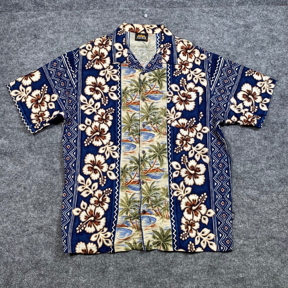 ODO Mens Blue Tropical Palm Tree Hibiscus Floral Geometric Button Down‎ Shirt L